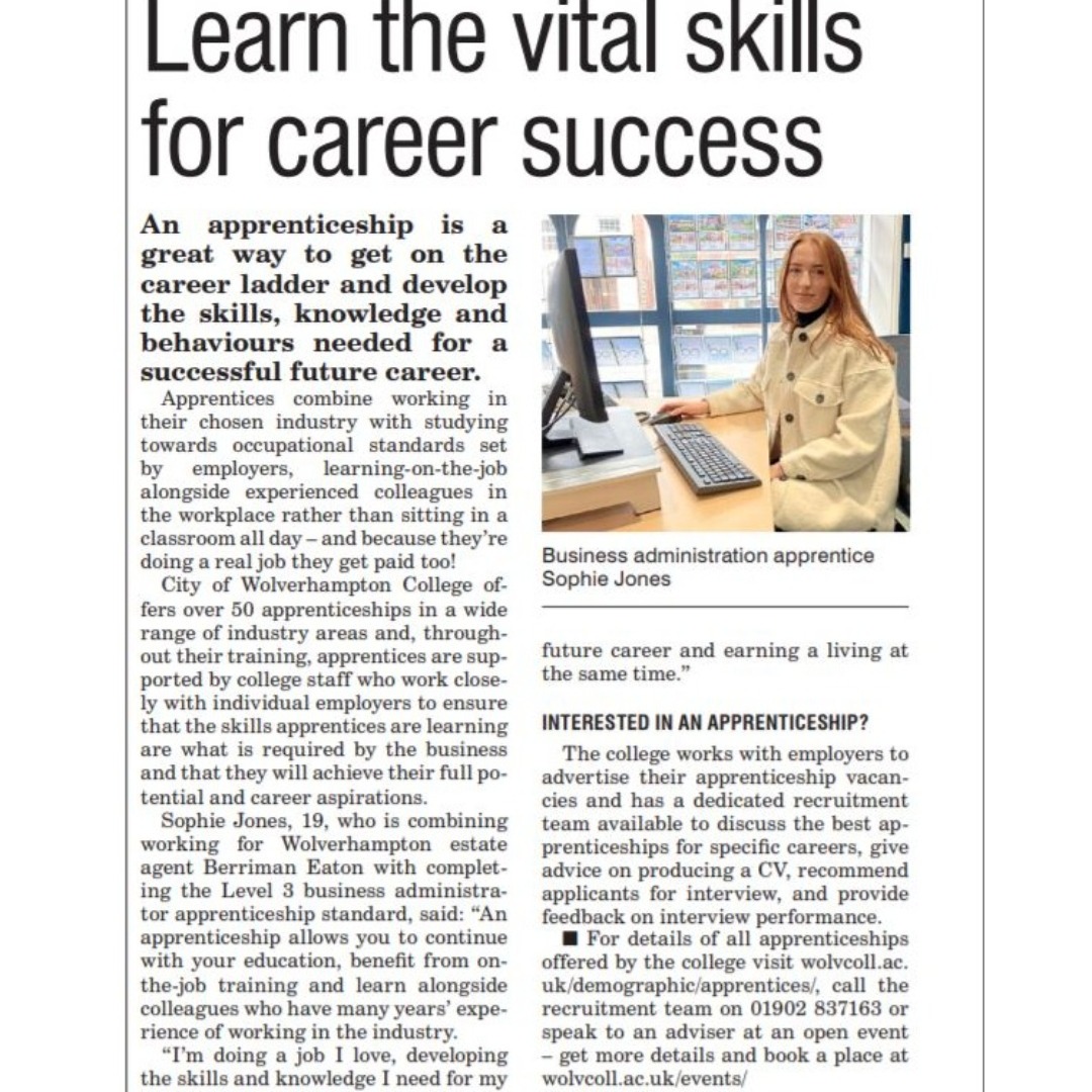 Newspaper cutting entitled 'Learn the vital skills for career success'