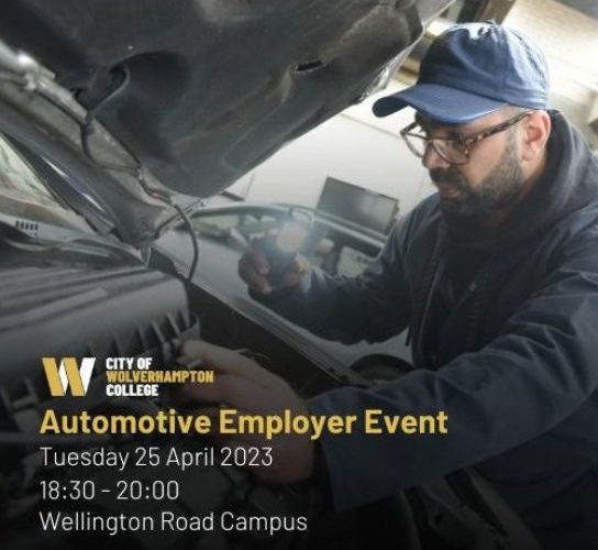 Advert for automotive employer event - student looking under a car bonnet with date, time and location of the event written in white text and a college logo in yellow and white