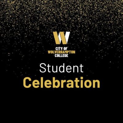 Black square with the college logo in the centre and the words Student Celebration in white and yellow underneath