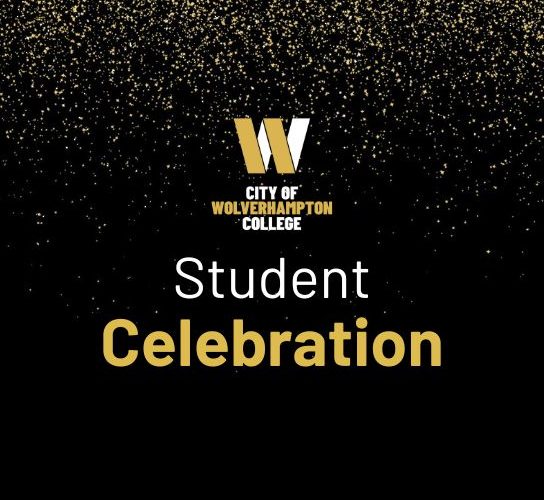 Black square with the college logo in the centre and the words Student Celebration in white and yellow underneath