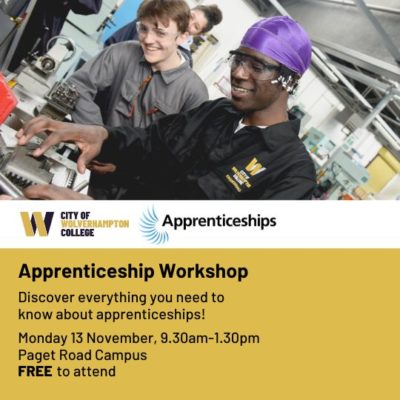 Graphic advertising the apprenticeship workshop - picture of two apprentices at the top, college and apprenticeship logos and details of the workshop below