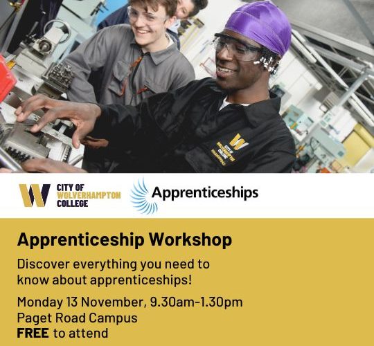 Graphic advertising the apprenticeship workshop - picture of two apprentices at the top, college and apprenticeship logos and details of the workshop below