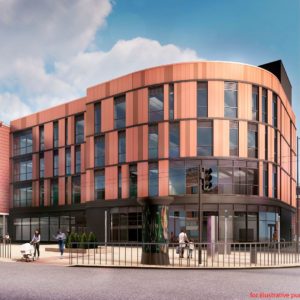 An image of what the new CLQ building will look like a a curved glass and brick structure